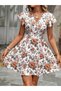 Women's Short Sleeve Double Breasted Collared Waist Gathered Floral Patterned Single Jersey Dress - 4
