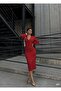 Women's Red Double Breasted Collar Balloon Sleeve Glitter Crepe Fabric Midi Length Dress - 4
