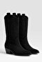Suede Embroidered Zipper Detailed Western Cowboy Boots Black