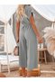 Women's short sleeve v-neck buttoned belted pocket detailed long jumpsuit - 2