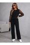 Women's Black Long Sleeve Crew Neck Tulle Viscose Two Thread Blouse and Trousers Two Piece Set - 4