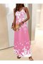Women's Pink V-Neck Strappy Patterned Long Single Jersey Dress - 4