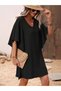 Women's Short Sleeve V-Neck Short Imported Crepe Dress with Flounces on the Sides - 5