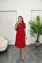 Women's Red Short Sleeve Slit Detailed Loose Viscose Dress - 3