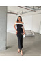 Women's Black Off-Shoulder White Ribbon Detail Long Crepe Dress - 2