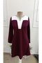 Women's Burgundy White Color Block V-Neck Long Sleeve Flowy A-Line Knee Length Casual Combed Cotton Dress - 4