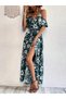 Women's Green Floral Patterned Strappy Low Sleeve V-Neck Slit Belted Long Maxi Dress - 3