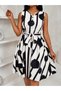 Women's Beige Striped Polka Dot Sleeveless Belted Button Detailed Flared Midi Dress - 2
