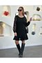Women's Black Crew Neck Long Sleeve Transparent Tulle Detailed Skirt Garnished Mini Dress