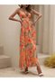 Women's Halter Neck V-Neck Slit Long Patterned Single Jersey Dress with Rope Straps - 3
