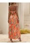 Women's Halter Neck V-Neck Slit Long Patterned Single Jersey Dress with Rope Straps - 6