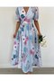 Women's Short Sleeve Double Breasted Collared Side Tie Patterned Long Single Jersey Dress