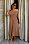 Women's Milk Coffee Madonna Collar Off Shoulder Short Sleeve Midi Length A-Line Flared Dress