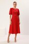 Women's Red Short Sleeve Drop Bow Detailed Flared Imported Crepe Midi Dress