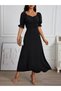 Women's Black V-Neck Short Sleeve Front Gathered Long Imported Crepe Dress