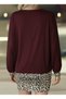 Women's Burgundy Crew Neck Long Sleeve Dress with Leopard Pattern Detail and Hem Trim - 4