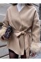 Cream Color Binding Detail Comfortable Fit Cashmere Sleeve Feather Detail Cardigan/Jacket - 2