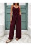 Women's Rope Strap V-Neck Long Aerobin Jumpsuit with Belt at the Waist - 3