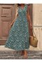 Women's Green Shawl Patterned Sleeveless V-Neck Flared Skirt Long Maxi Casual Summer Dress