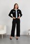 Women's Brown Denim Detailed Knitwear Double Set - Buttoned Cardigan and Wide-Legged Trousers