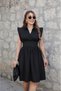 Women's Black Sleeveless Padded Shirt Collar Waist Gathered Pleated Poplin Midi Flared Dress