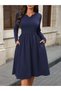 Women's Long Sleeve V-Neck Midi Imported Crepe Dress with Pockets - 2