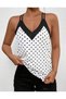 Women's White Polka Dot Double Strap V-Neck Garnished Satin Blouse Sleeveless Flowy Summer Top - 4