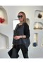 Women's Black Long Sleeve Asymmetrical Cut Viscose Blouse and Cracked Leather Look Vest Two-Piece Set - 3