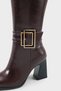 Women's Pointed Toe Side Zipper Gold Belt Buckle Heeled Boots Slord Burgundy - 3