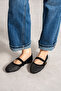 Black Women's Stoned Ankle Strap Wedge Heeled Stylish Daily Ballerina Shoes - 2