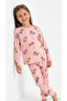 Girl's Pink Cat Patterned Long Sleeve Pajama Set Crew Neck Elasticized Leg Bottom Top Set W6P288D1 - 2