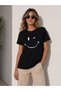 Women's Black Smiley Face Smiley Printed Crew Neck Short Sleeve Cotton T-Shirt T-Shirt - 3