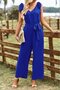 Women's v-neck aerobin jumpsuit with shoulder straps and belted waist - 3