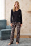 Black Patterned Buttoned Lace Viscose Knitted Pajamas Set 26224677 - 2