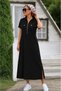 Women's Black Collared Short Sleeve Zipper Long Viscose Two Thread Dress