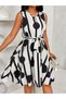 Women's Beige Striped Polka Dot Sleeveless Belted Button Detailed Flared Midi Dress - 3