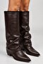 Tokyo Women's Brown Fur Lined Pointed Toe Bellows Flat Heel Below the Knee Slouchy Boots - 7