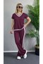 Women's Burgundy V-Neck Short-Sleeved Two-Piece Tracksuit with Side Stripes and Spanish-Cut Trousers - 3