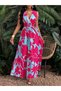 Women's Strappy Double Breasted Collared Floral Patterned Long Single Jersey Dress - 7
