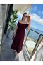 Women's Burgundy Madonna Collar Short Sleeve Off Shoulder A-Line Flared Midi Length Knitwear Dress - 5