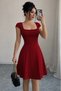 Women's Burgundy Short Sleeve Square Collar Short Imported Crepe Dress - 2