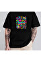 80's Retro Trend Mix Printed Oversized Basic Unisex Cotton Short Sleeve Black Tshirt - 4