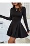 Women's Black Crew Neck Long Sleeve Flared Skirted Waist-Fitted Diver Fabric Mini Dress