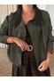 Khaki Color Plaid Detail Stand Collar Jacket - 9819 - 2