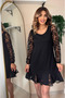 Women's Black Crew Neck Long Sleeve Transparent Tulle Detailed Skirt Garnished Mini Dress - 7
