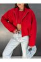 Women's Red Stand Collar Zippered Lined Double Fabric Elastic Waist Crop Jacket - 4