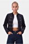 Women's Charles Lined Stand Collar Buttoned Lux Napoleon Navy Blue Jacket - 3