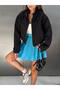 Women's Black Stand Collar Zippered Lined Double Fabric Elastic Waist Crop Jacket - 6