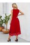 Women's Red Sleeveless Skirt with Laser Cut Floral Pattern, Midi Length, Imported Crepe Dress - 2