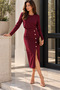 Elegant Button Detail |   Women's Long Sleeve Crew Neck Slit Midi Imported Crepe Dress - 4